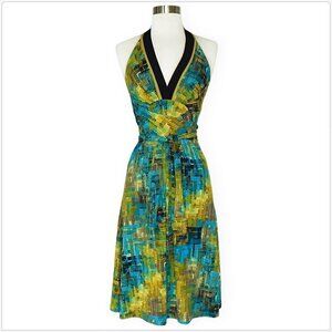 BCBGMaxazria Green Blue Black Print Stretch Jersey Halter Tie Belt Dress XS